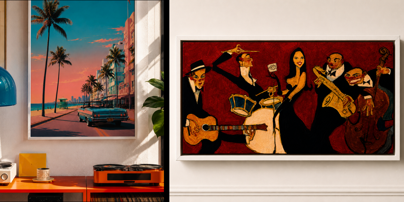 Œuvres murales verticale et horizontale présentées côte à côte dans un intérieur moderne pour créer une composition équilibrée.