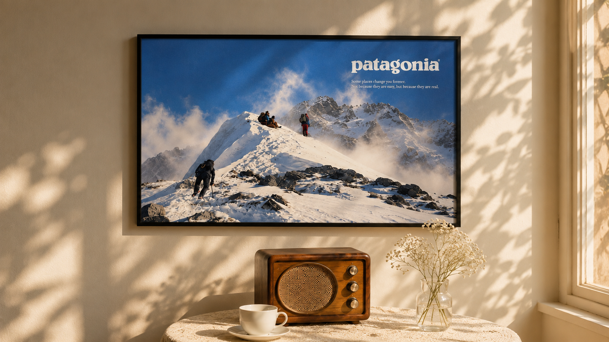 Horizontal Patagonia mountain wall art with a wide landscape composition