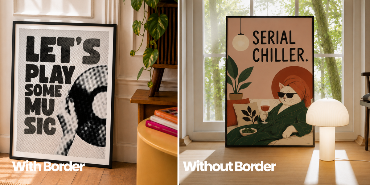 Framed Wall Art Comparison with border and without border in a modern interior