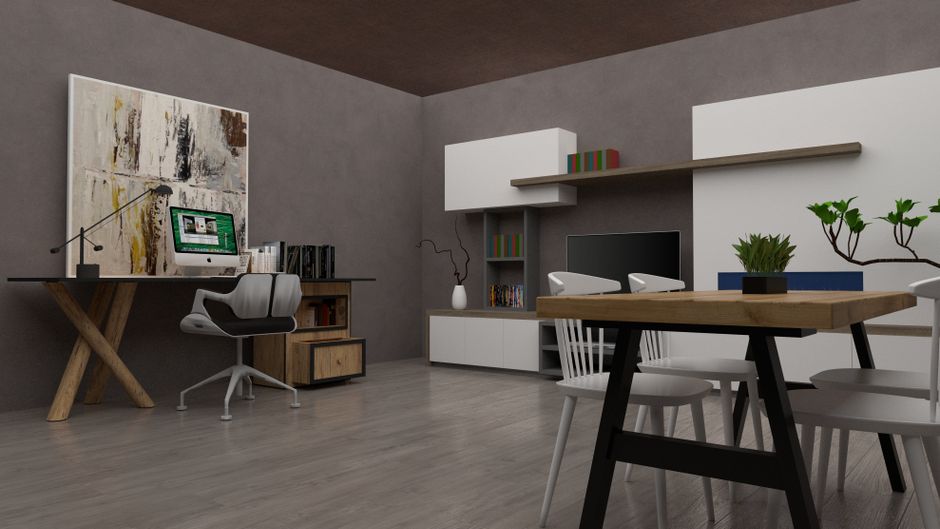 A sleek, modern workspace featuring abstract art, ideal for inspiration.