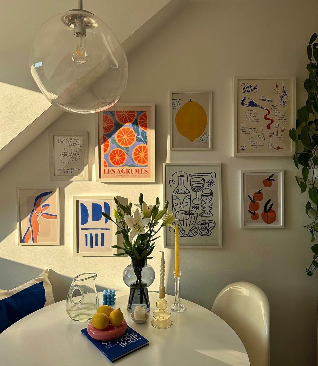 Kitchen wall art collection with food, drink, and playful prints