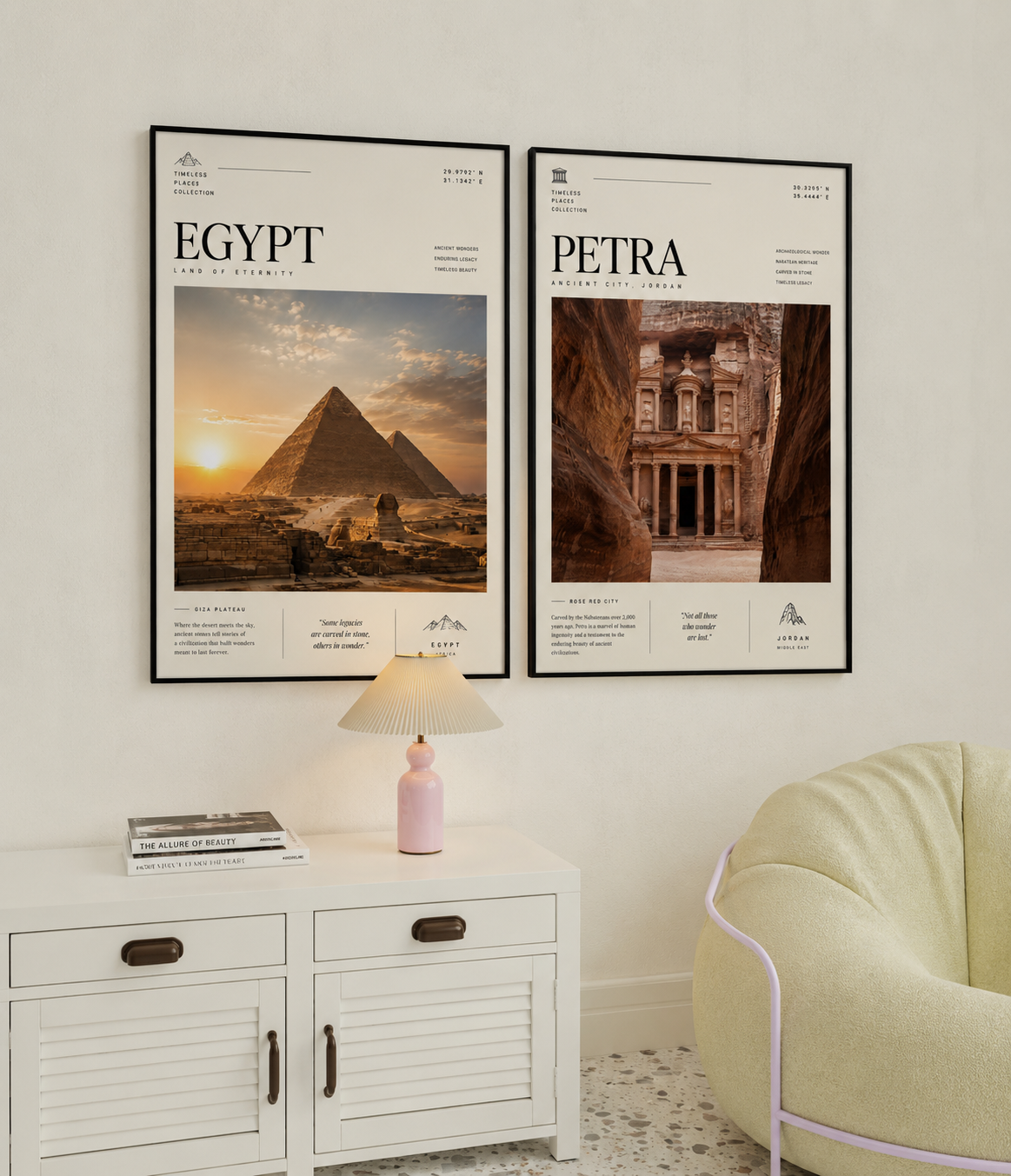Collage of historical landmark artwork prints featuring the pyramids of Egypt, Great Wall of China, Taj Mahal, Petra, Machu Picchu, Hagia Sophia, Chichén Itzá, and Christ the Redeemer in Rio de Janeiro, styled for modern interiors.