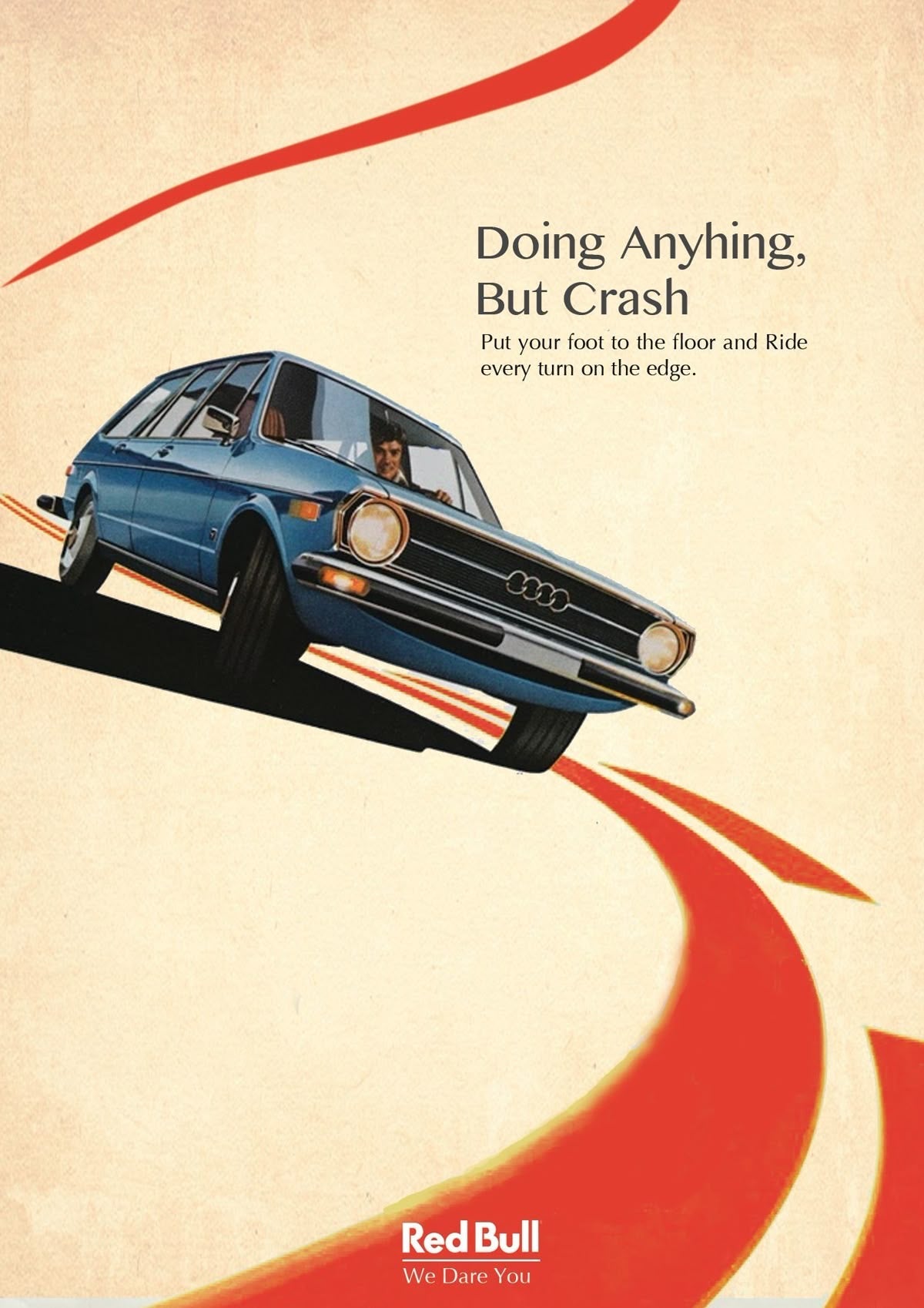 Retro car advertising poster with blue car, red swoosh, and Red Bull logo on cream