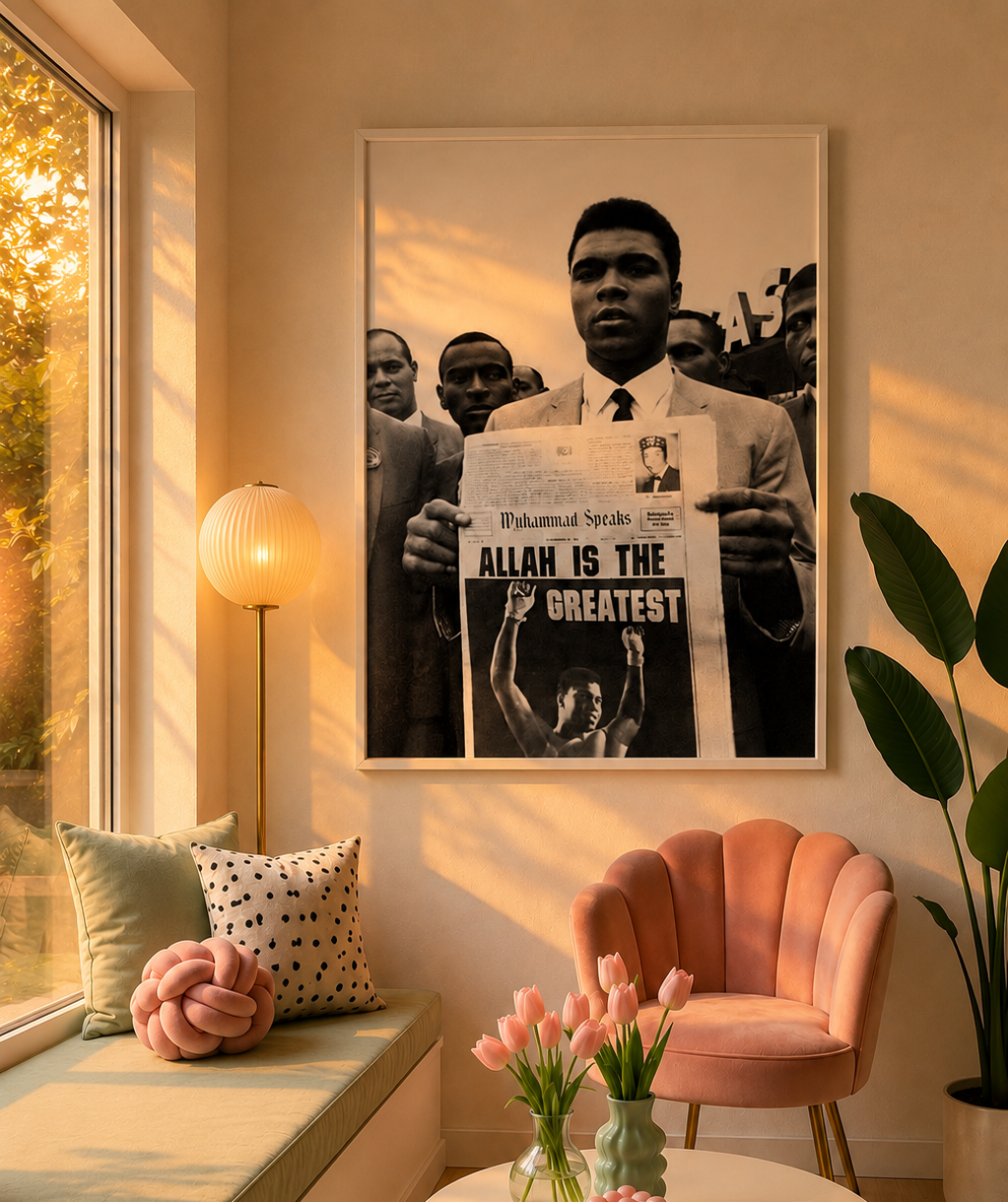 Framed Muhammad Ali poster with portrait and religious quote text