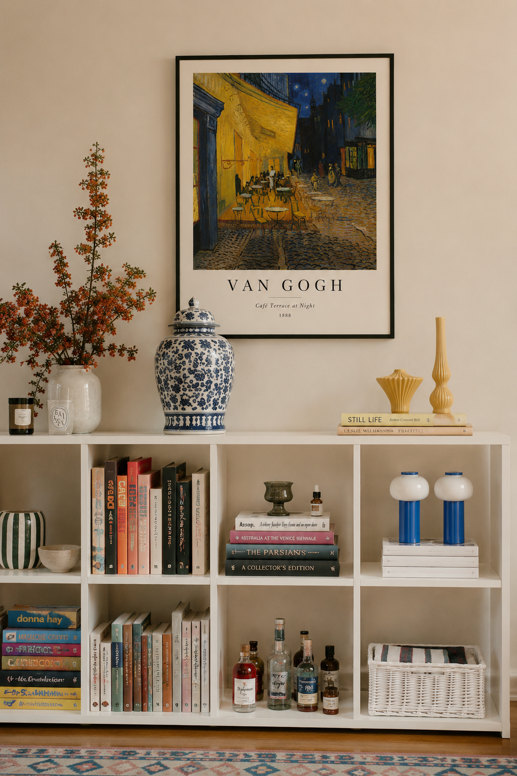 Assorted Vincent van Gogh art prints styled in a modern living room with Scandinavian decor, featuring almond blossoms, self portrait, and starry night landscapes.