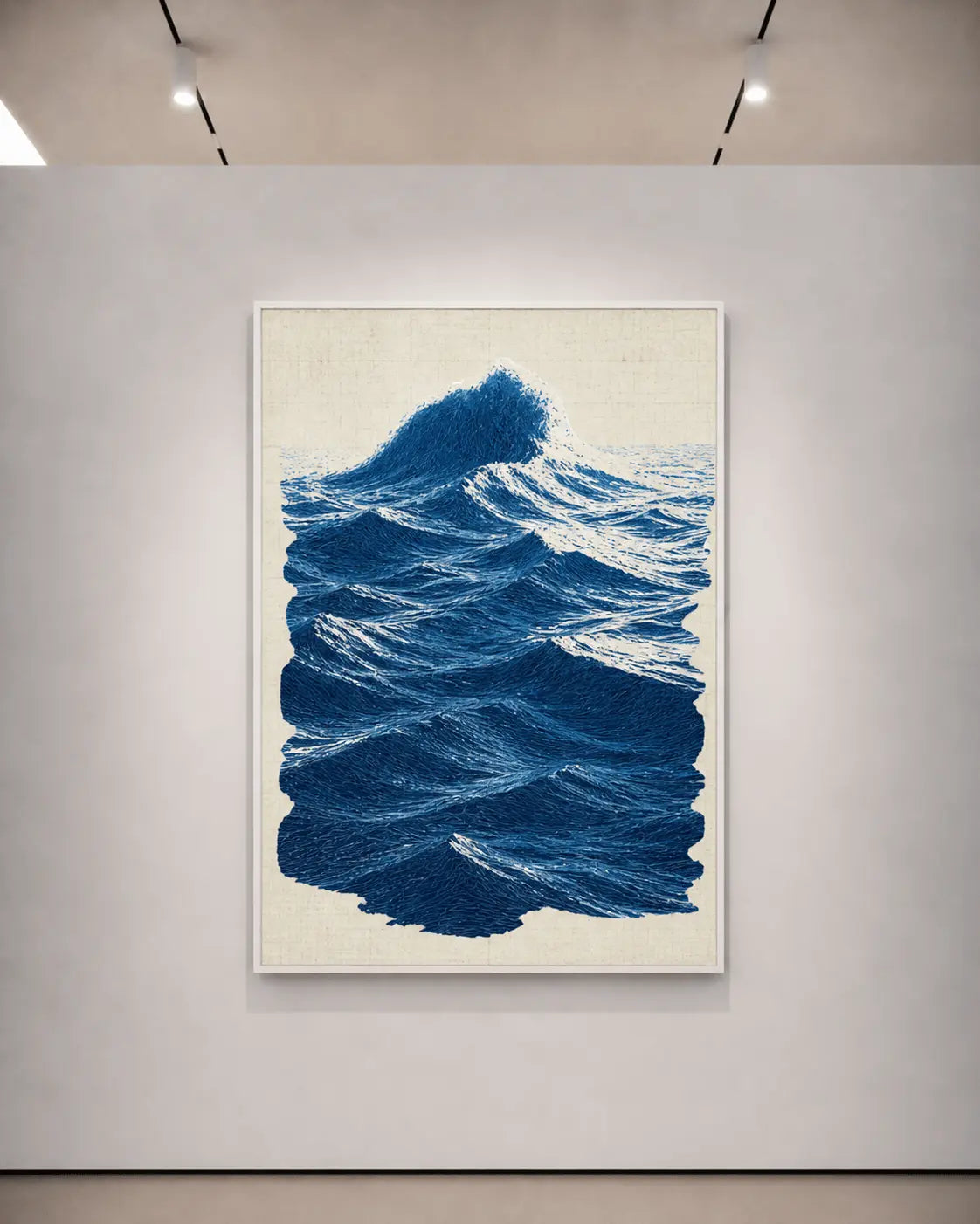 Ocean wave print with blue textured waves on beige paper, light thin frame
