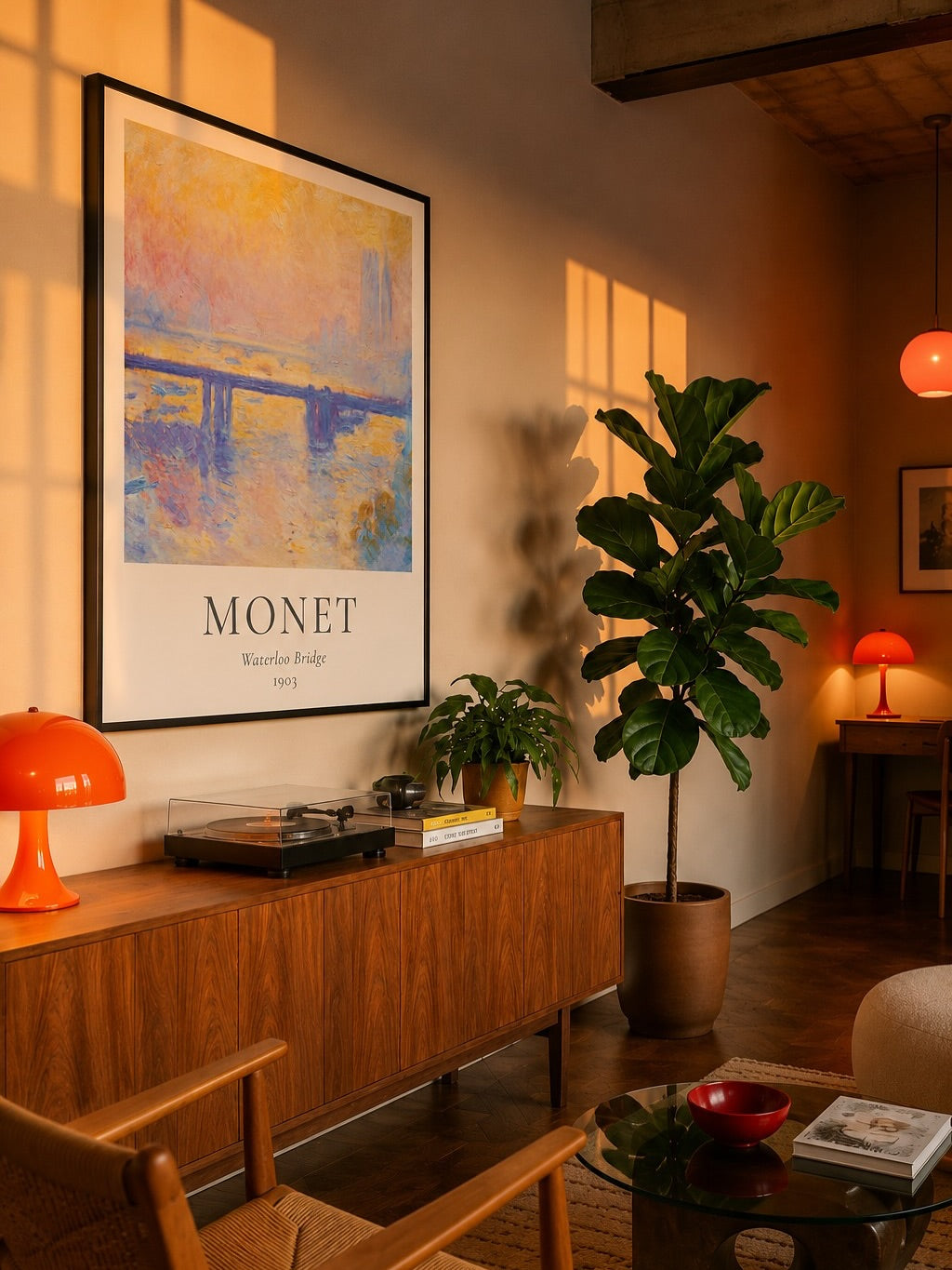 Claude Monet art print in blue and violet tones, displayed in a Scandinavian-style living room with natural light.