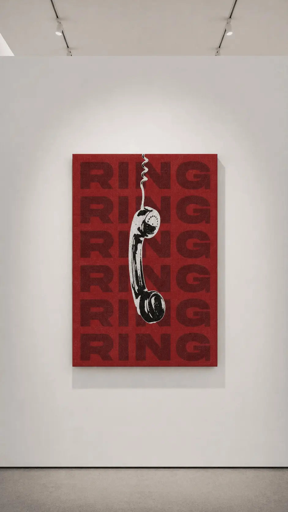 Red telephone wall art print with black handset and repeated 'RING' text in thin frame