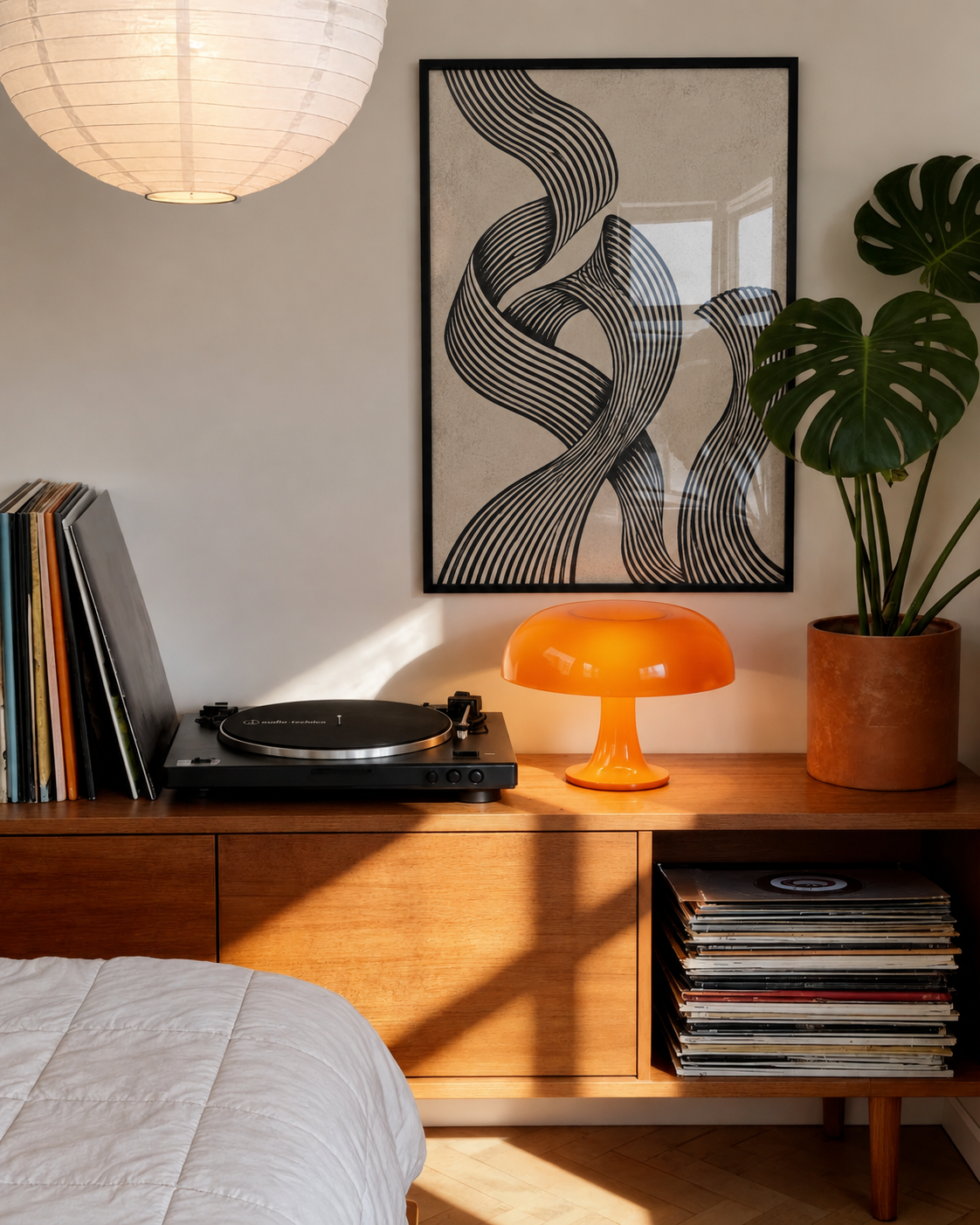 Monochrome abstract wall art print with black frame, striped wavy line U shapes