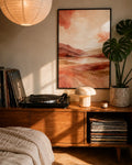 Black-framed abstract landscape wall art, blush sky and terracotta desert, portrait