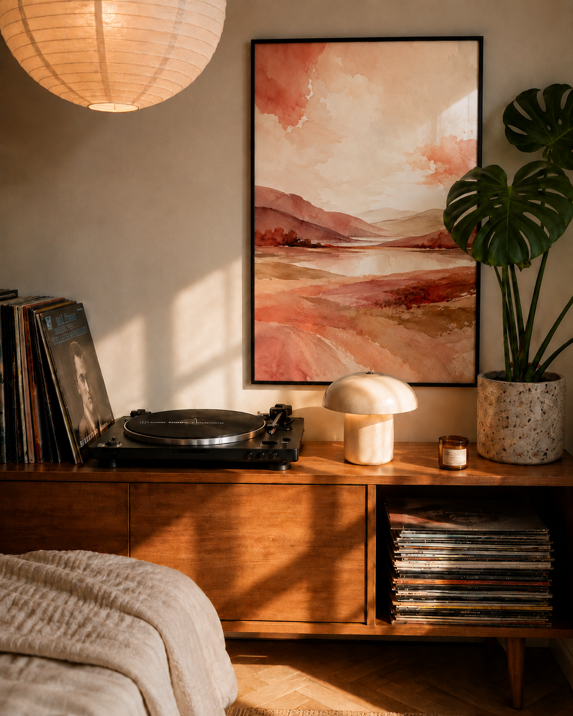 Black-framed abstract landscape wall art, blush sky and terracotta desert, portrait