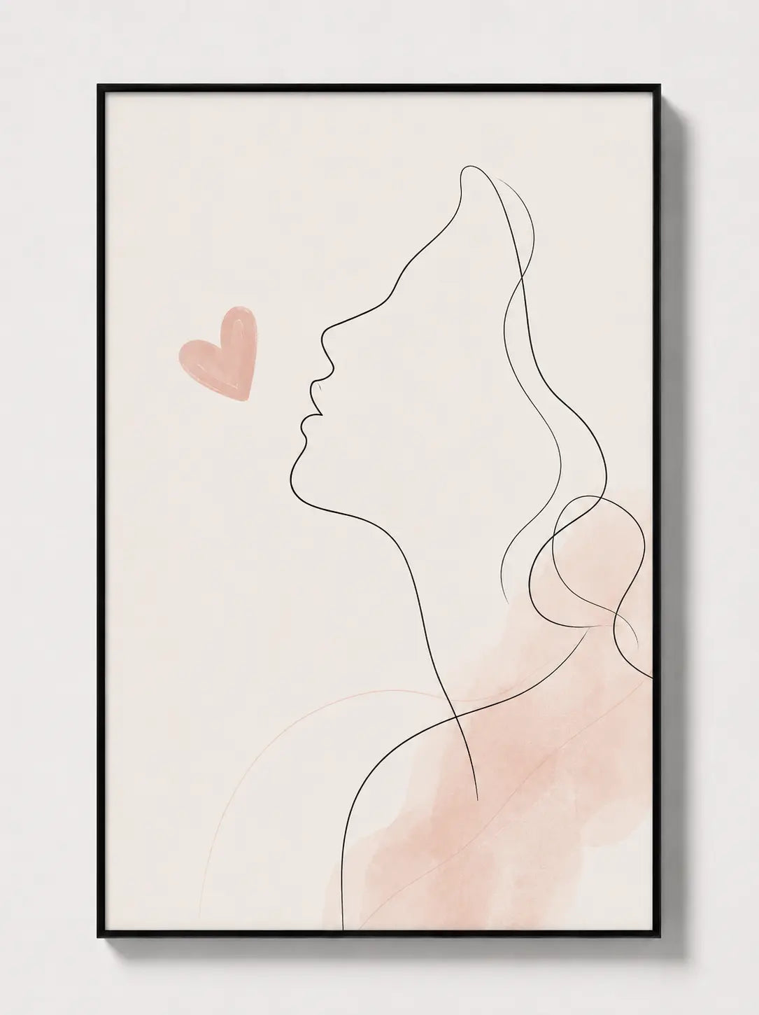 Black-framed abstract line art print with blush face profile and abstract heart