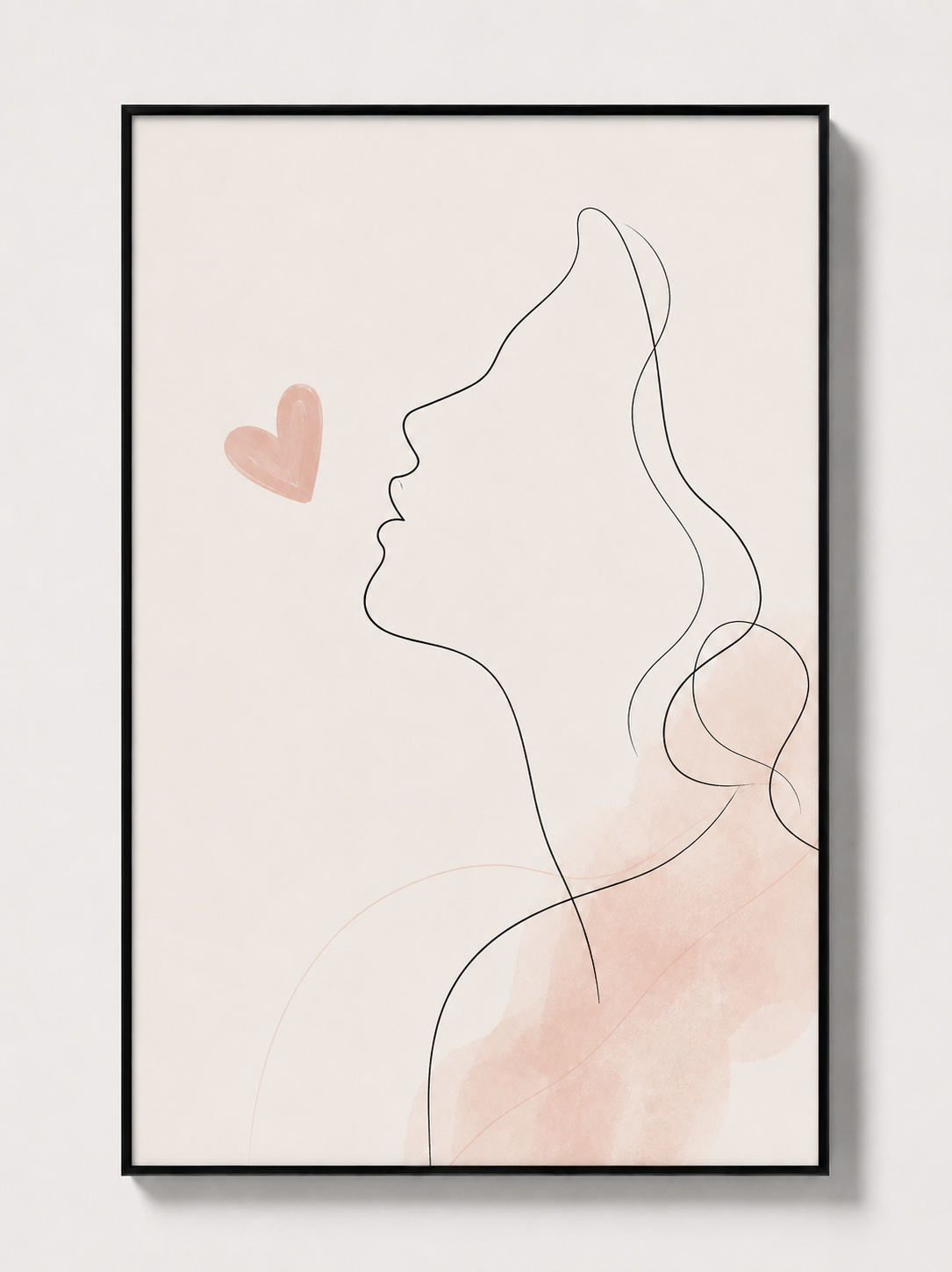Black-framed abstract line art print with blush face profile and abstract heart