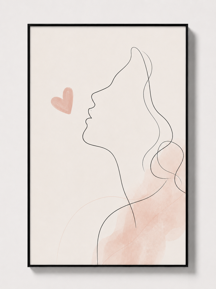 Black-framed abstract line art print with blush face profile and abstract heart
