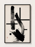 Black-framed abstract ink artwork with tall brush mark and geometric cross lines