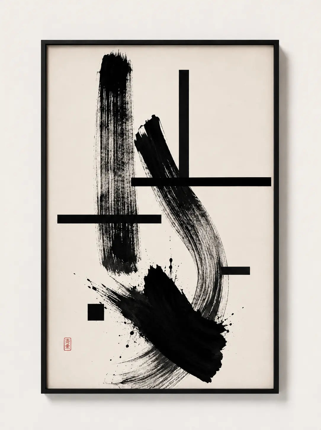 Black-framed abstract ink artwork with tall brush mark and geometric cross lines