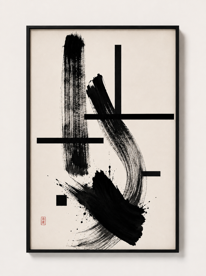 Black-framed abstract ink artwork with tall brush mark and geometric cross lines