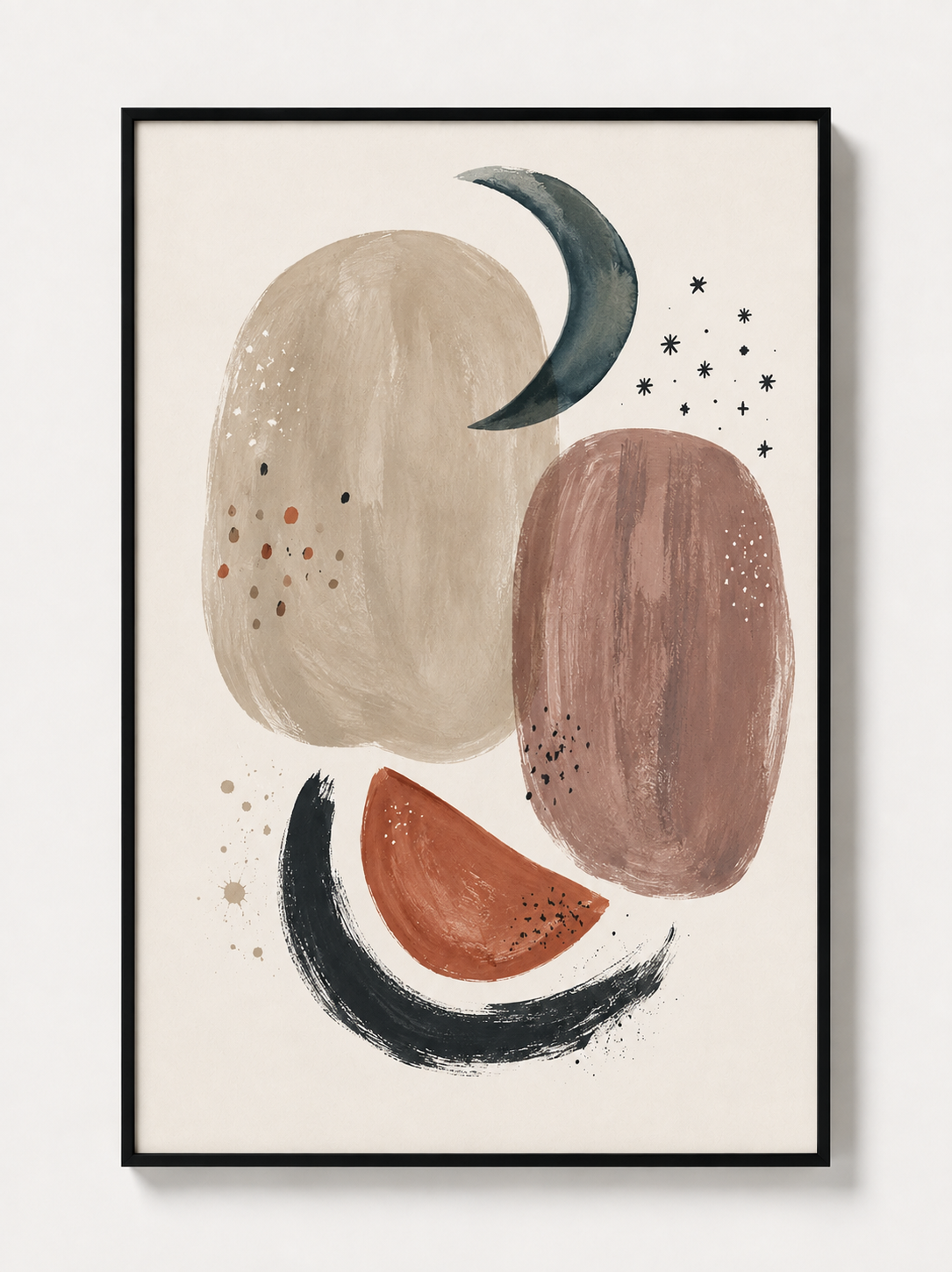 Abstract lunar wall art print with moon and planet shapes, framed in black.