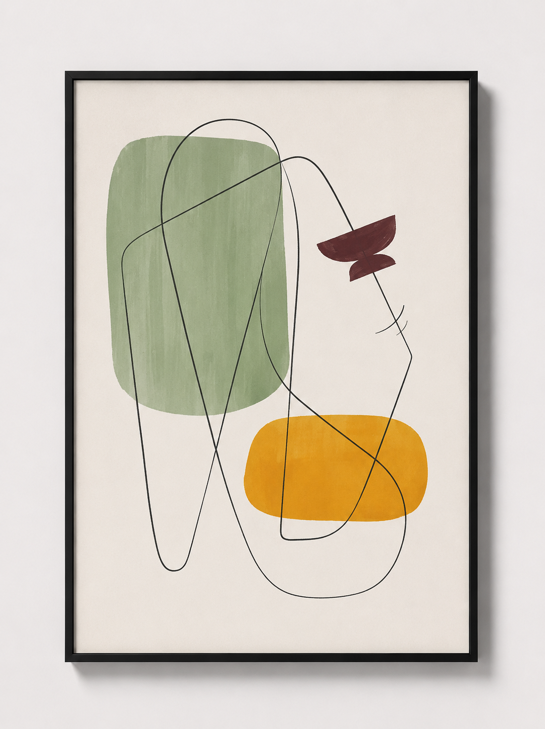 Black-framed geometric wall art with green rectangle, yellow form, and dark scribble lines