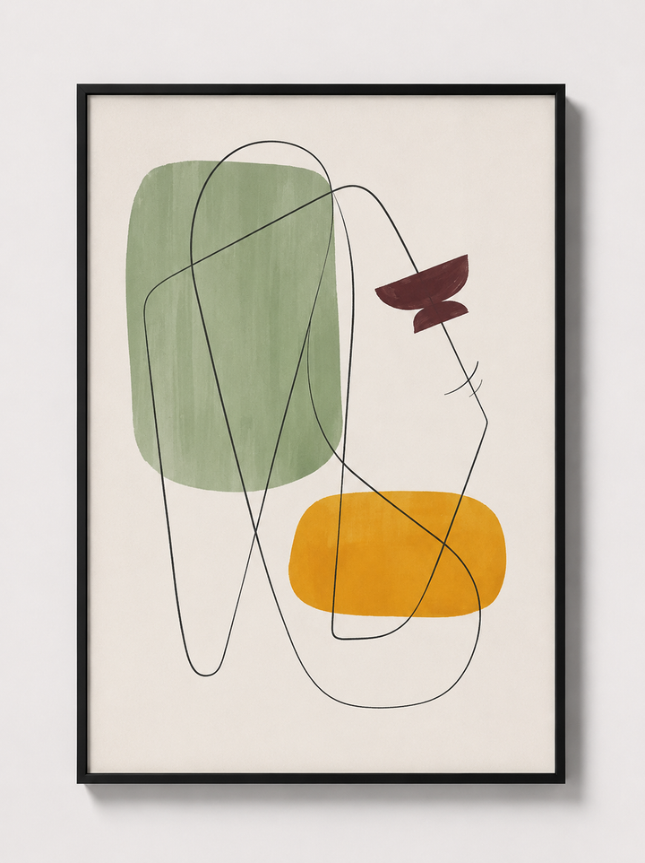 Black-framed geometric wall art with green rectangle, yellow form, and dark scribble lines
