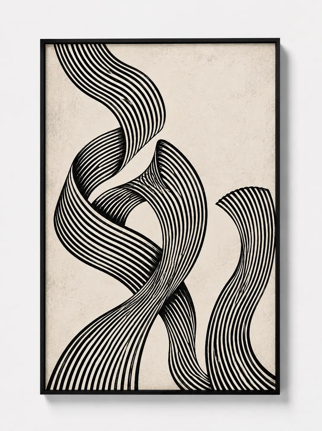 Monochrome abstract wall art print with black frame, stacked wavy stripe curves