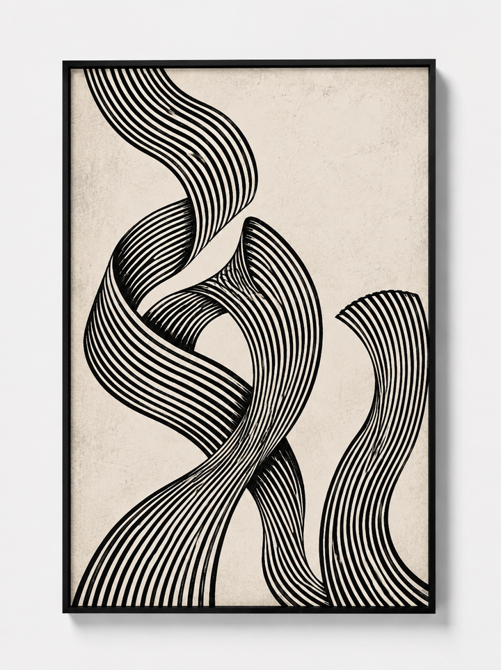 Monochrome abstract wall art print with black frame, stacked wavy stripe curves