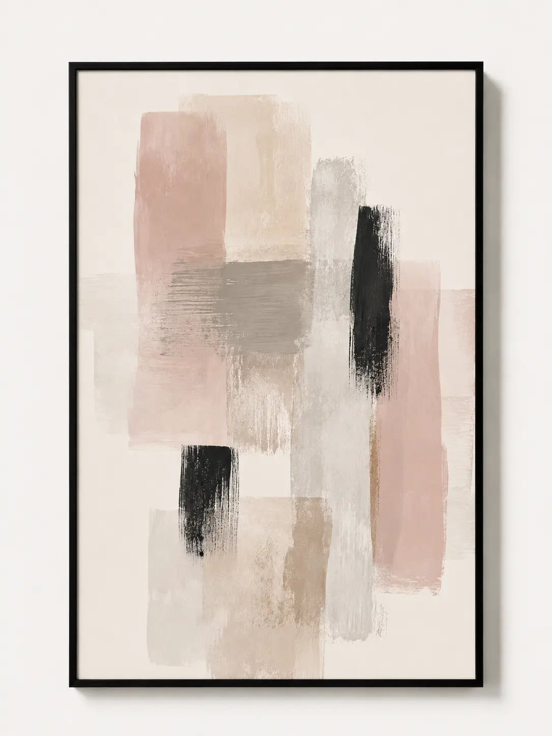 Framed abstract wall art with beige, gray, and black rectangles on a light background