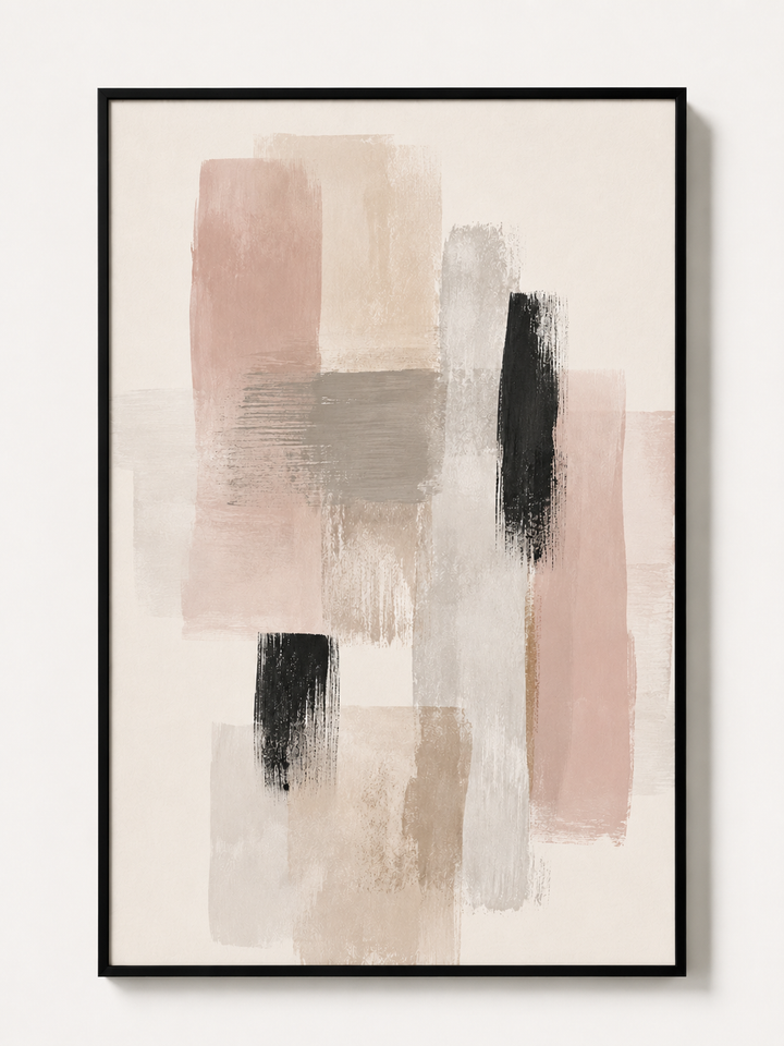 Framed abstract wall art with beige, gray, and black rectangles on a light background