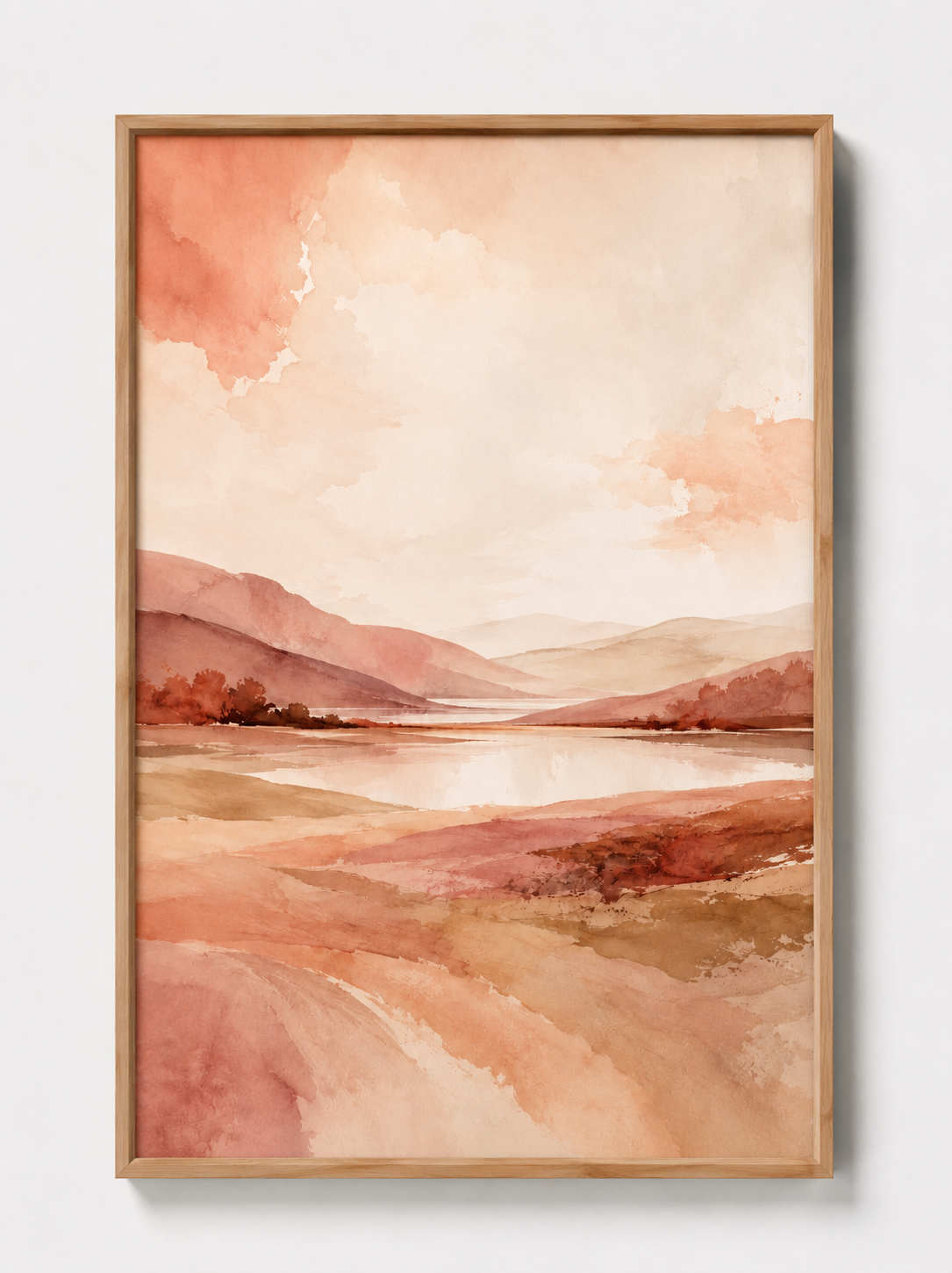 Oak-framed abstract landscape wall art with blush sky and desert tones, portrait