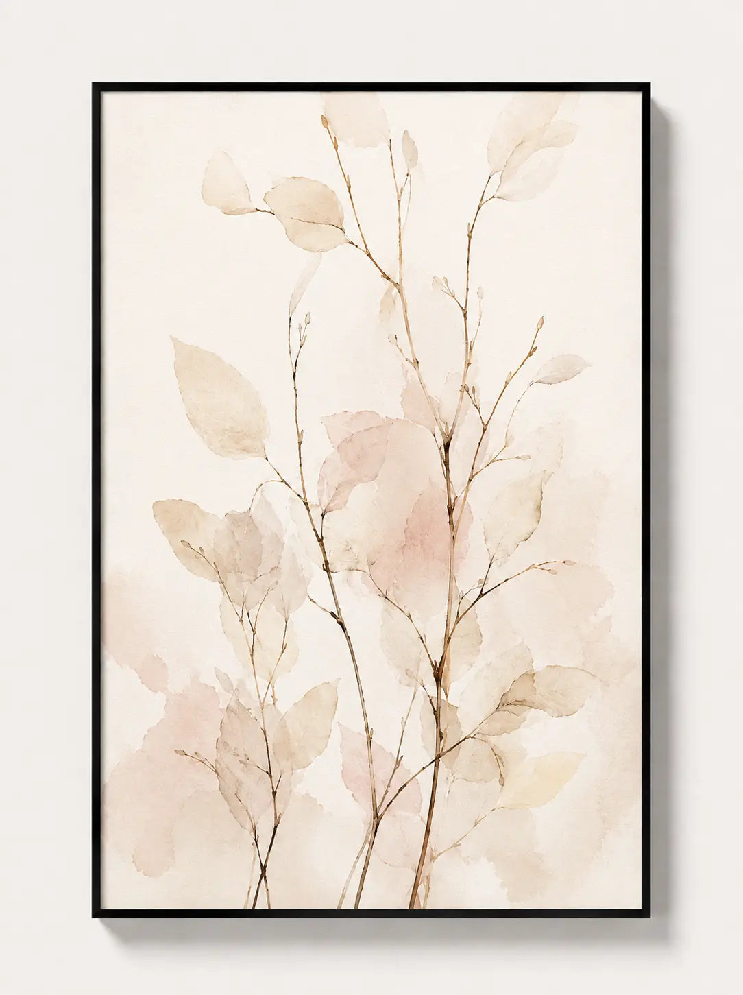 Botanical abstract wall art print in black frame, pale beige and blush branches