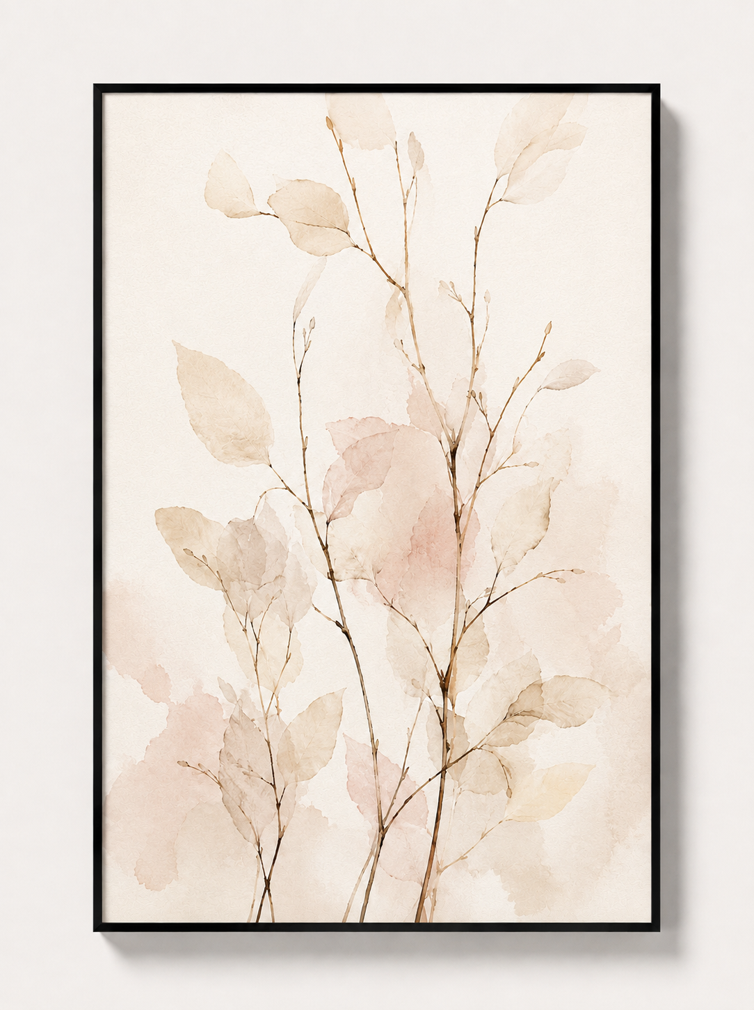 Botanical abstract wall art print in black frame, pale beige and blush branches