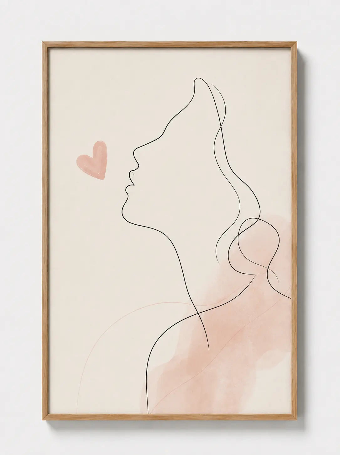 Oak-framed abstract line art print with blush woman profile and heart detail