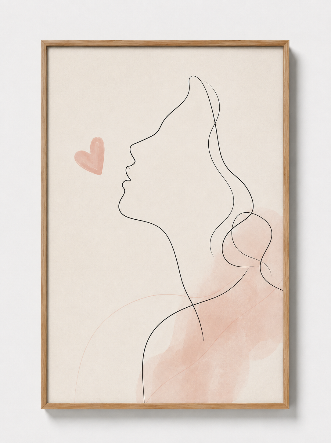 Oak-framed abstract line art print with blush woman profile and heart detail