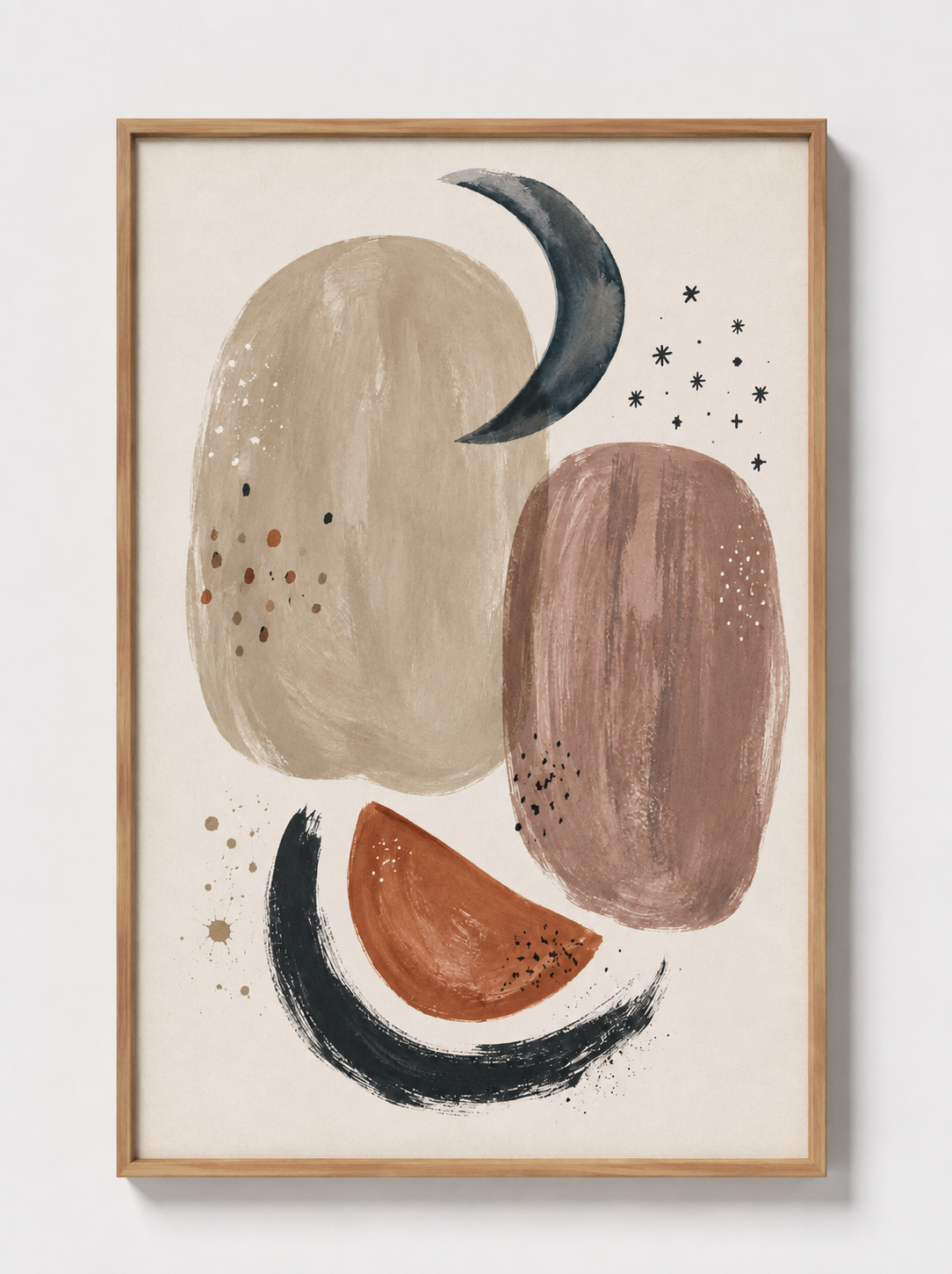 Abstract lunar wall art print with moon crescent and blobs, framed in light wood.