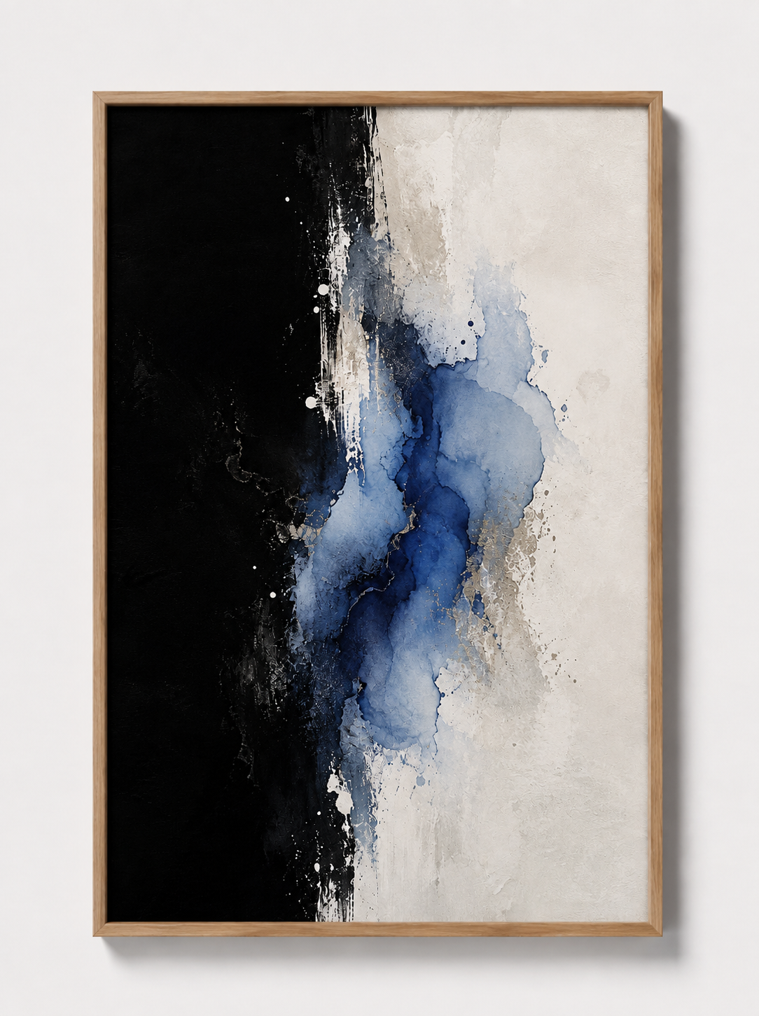 Abstract wall art in light wood frame with blue watercolor blooms on dark and white
