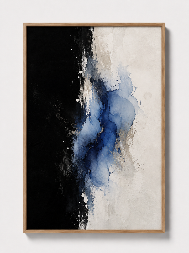 Abstract wall art in light wood frame with blue watercolor blooms on dark and white