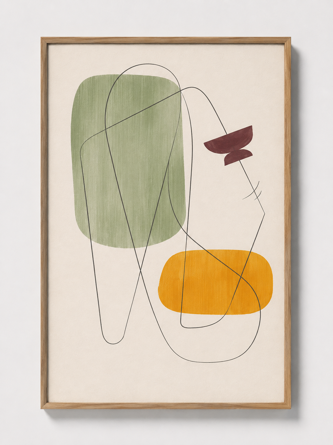 Oak-framed geometric wall art with green block, yellow shape, and dark contour line drawing