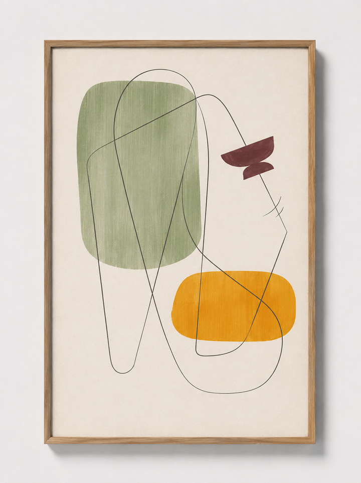 Oak-framed geometric wall art with green block, yellow shape, and dark contour line drawing