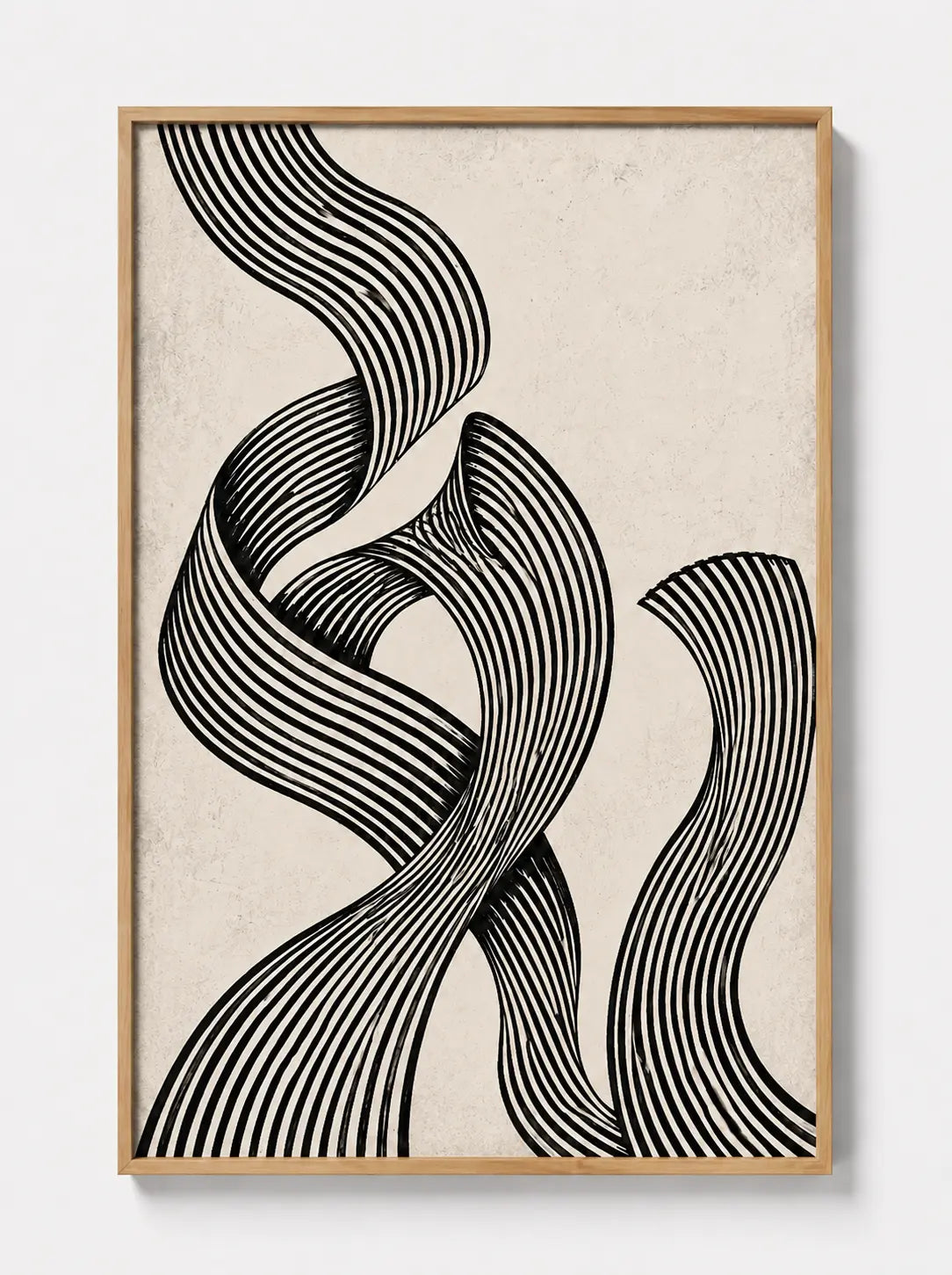 Monochrome abstract wall art print with wood frame, thick curved striped line waves