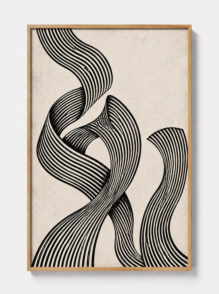 Monochrome abstract wall art print with wood frame, thick curved striped line waves