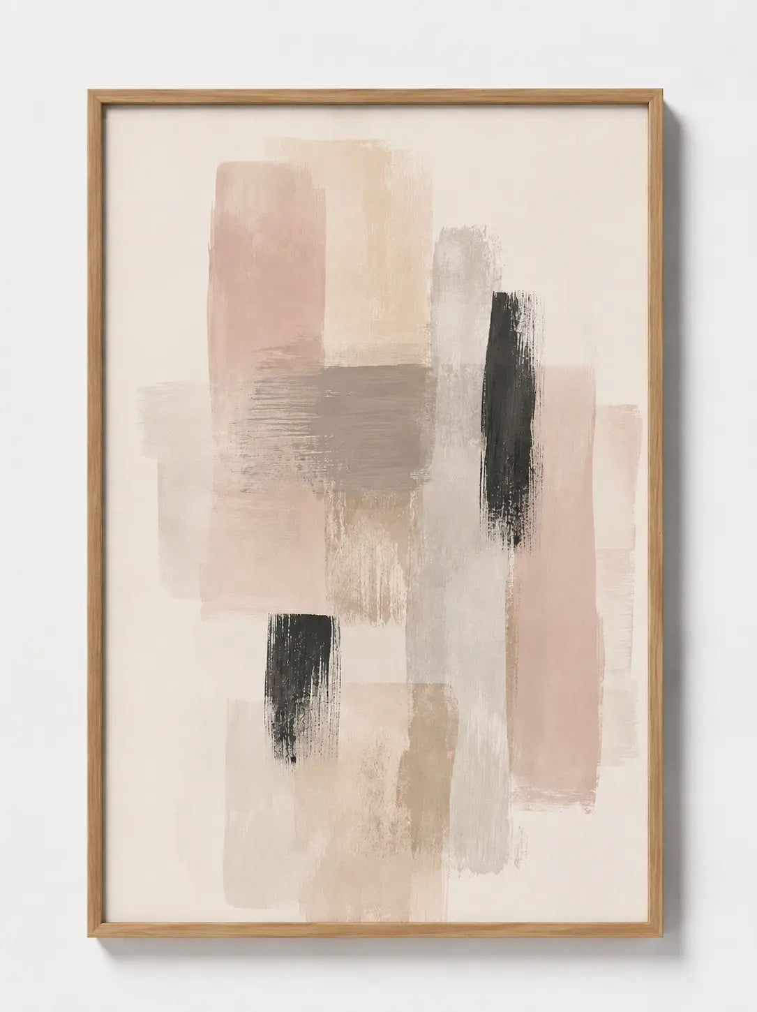 Abstract wall art with light wood frame and beige, gray, and black painted blocks