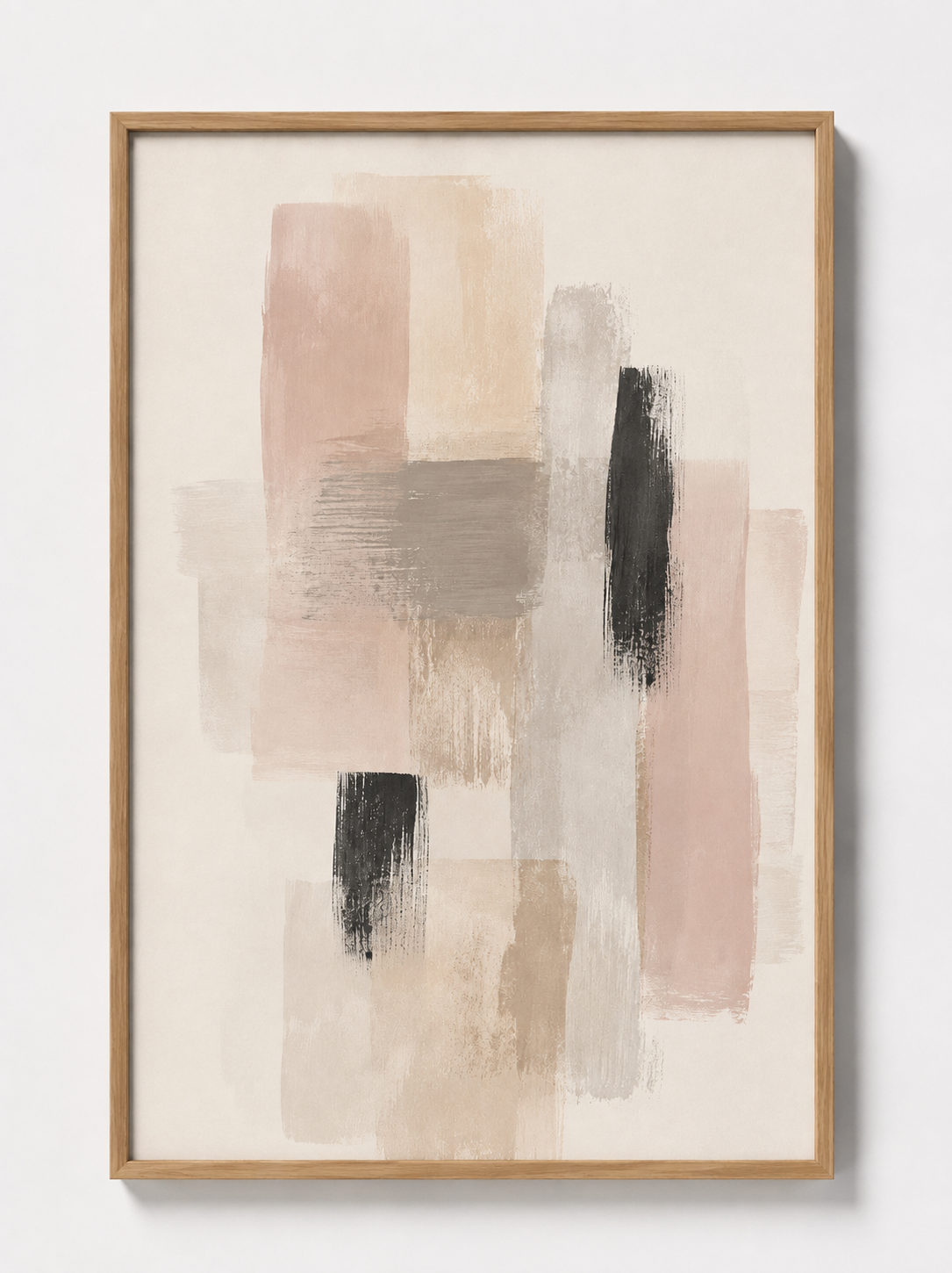Abstract wall art with light wood frame and beige, gray, and black painted blocks