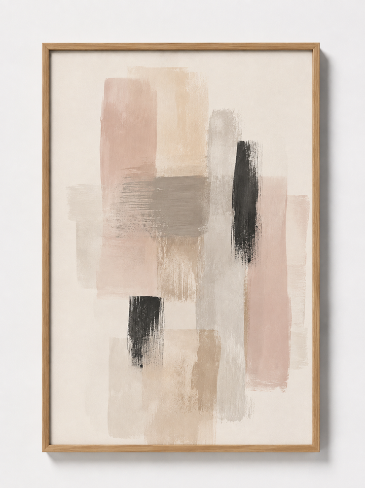 Abstract wall art with light wood frame and beige, gray, and black painted blocks