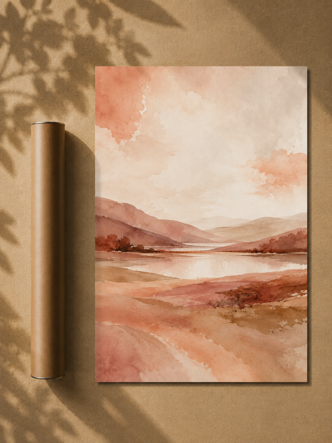 Abstract landscape wall art print with blush sky and desert tones, portrait, unframed