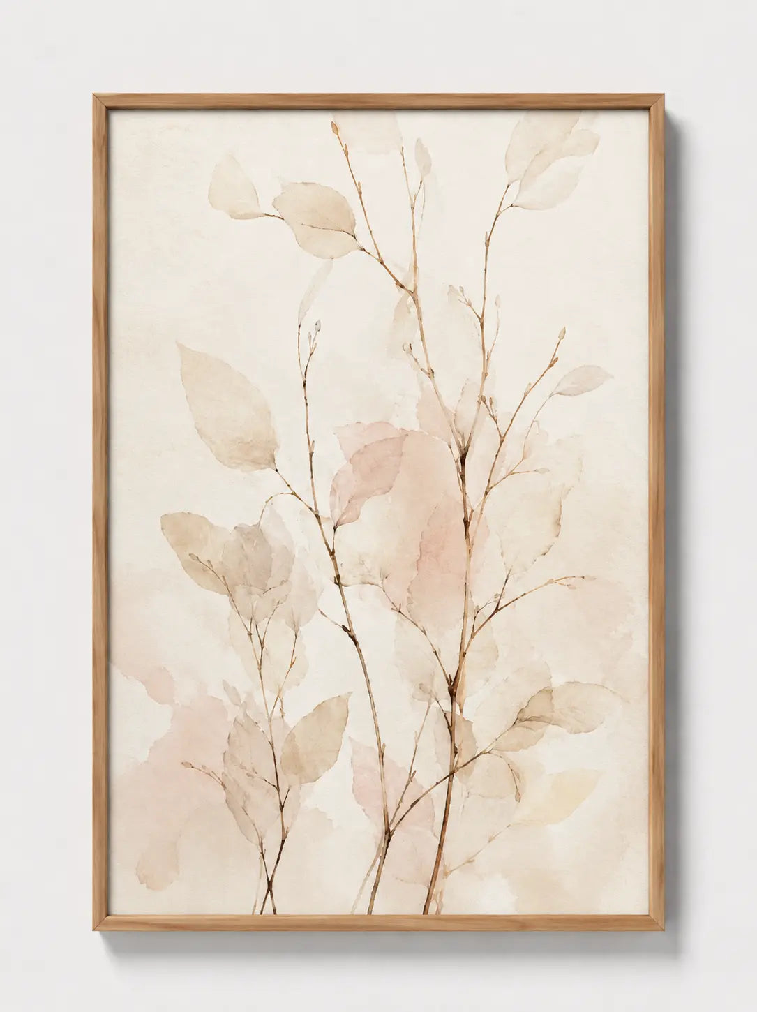 Botanical abstract wall art in light wood frame, blush and beige leaves