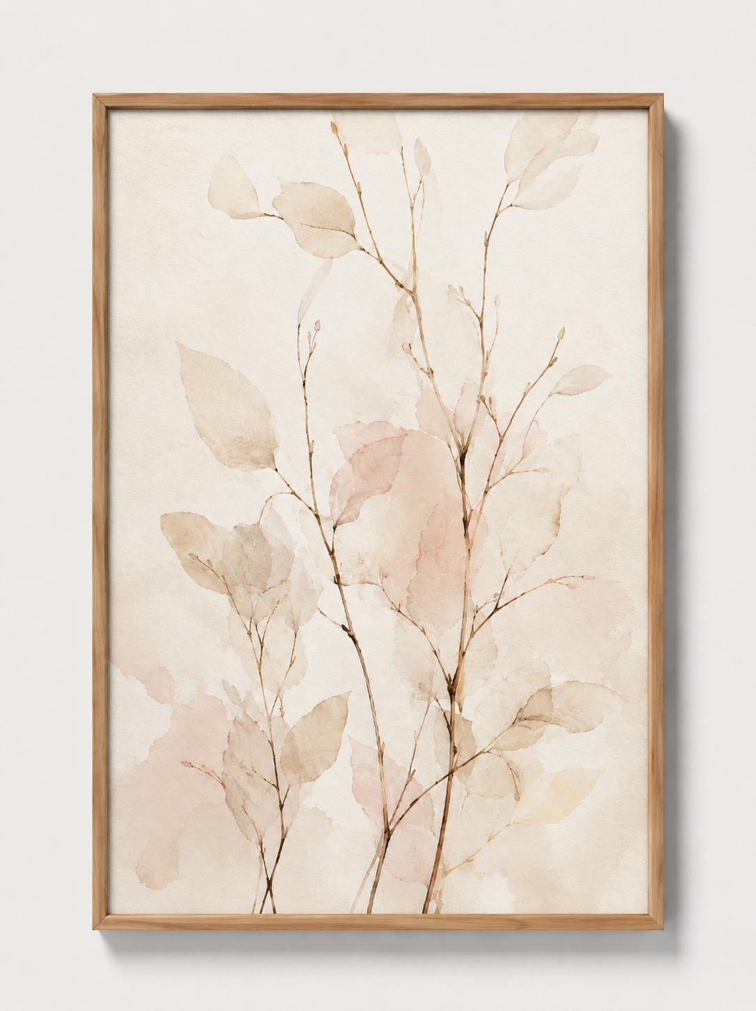 Botanical abstract wall art in light wood frame, blush and beige leaves