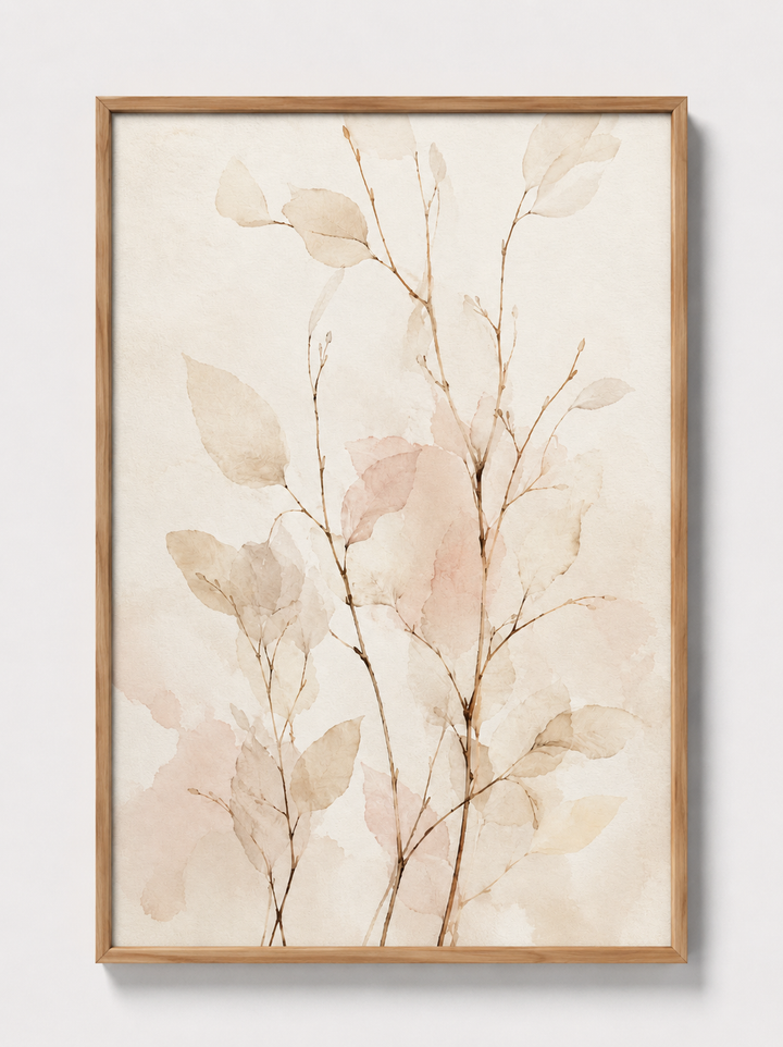 Botanical abstract wall art in light wood frame, blush and beige leaves