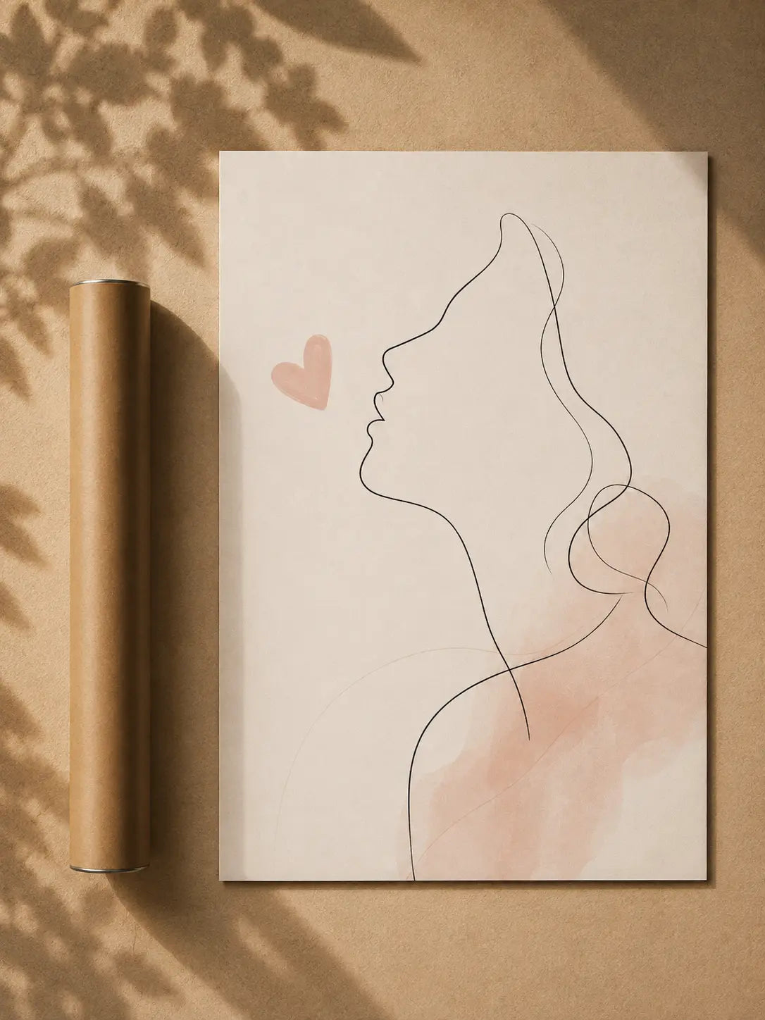 Abstract line art poster with blush woman profile and small heart on white
