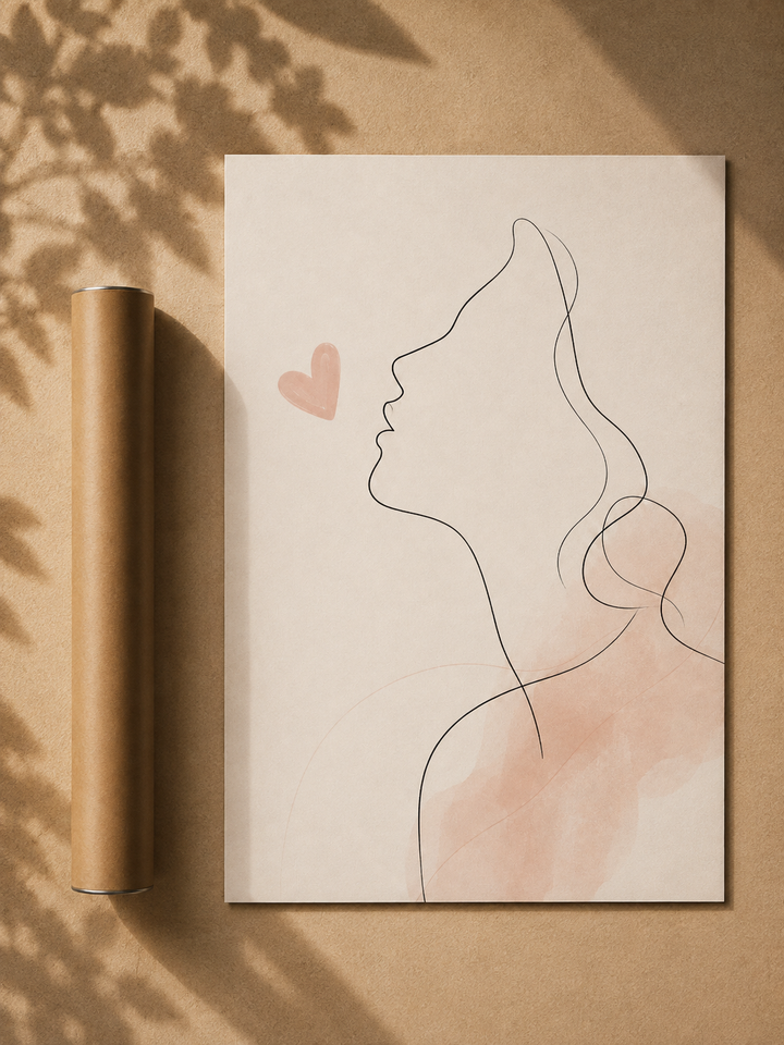 Abstract line art poster with blush woman profile and small heart on white