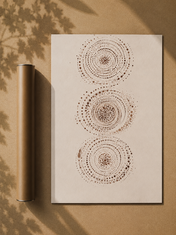 Abstract wall art poster with three dotted concentric circle designs, frameless